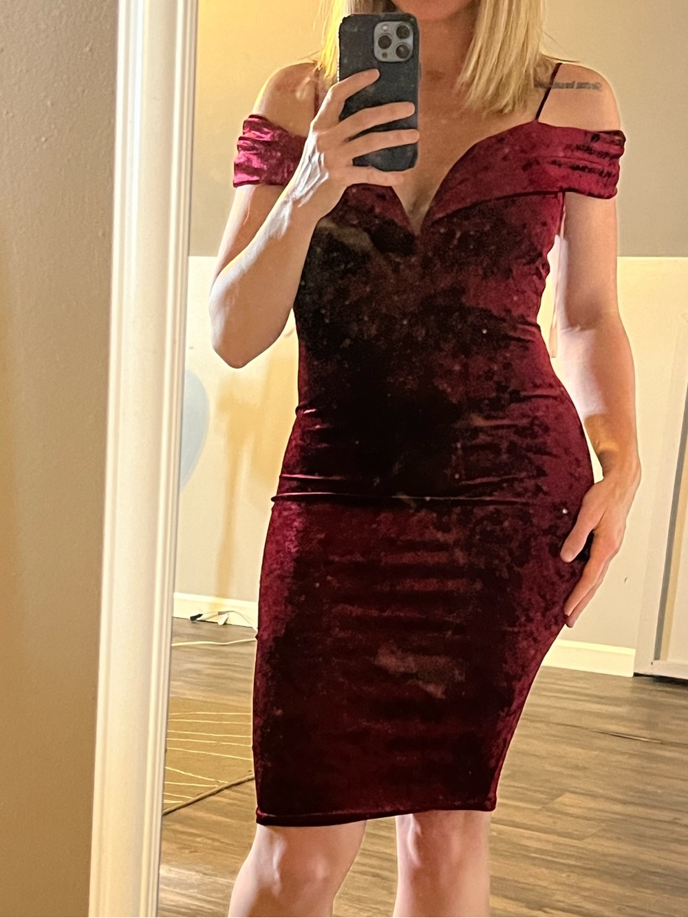 Windsor Off-Shoulder Wine Velvet Midi Dress